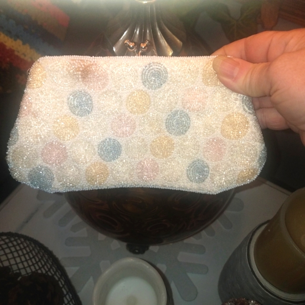 1940's Walborg Art Deco purse white, pink and blue micro Beaded w/mirror